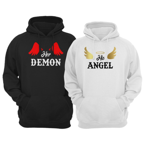 Bluzy dla par zakochanych z kapturem Her demon His angel